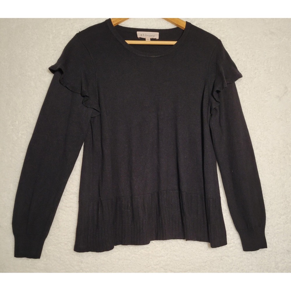 Philosophy‎ Womens Black Long Sleeve Cashmere Wool Sweater Ruffles Sz Large 0162